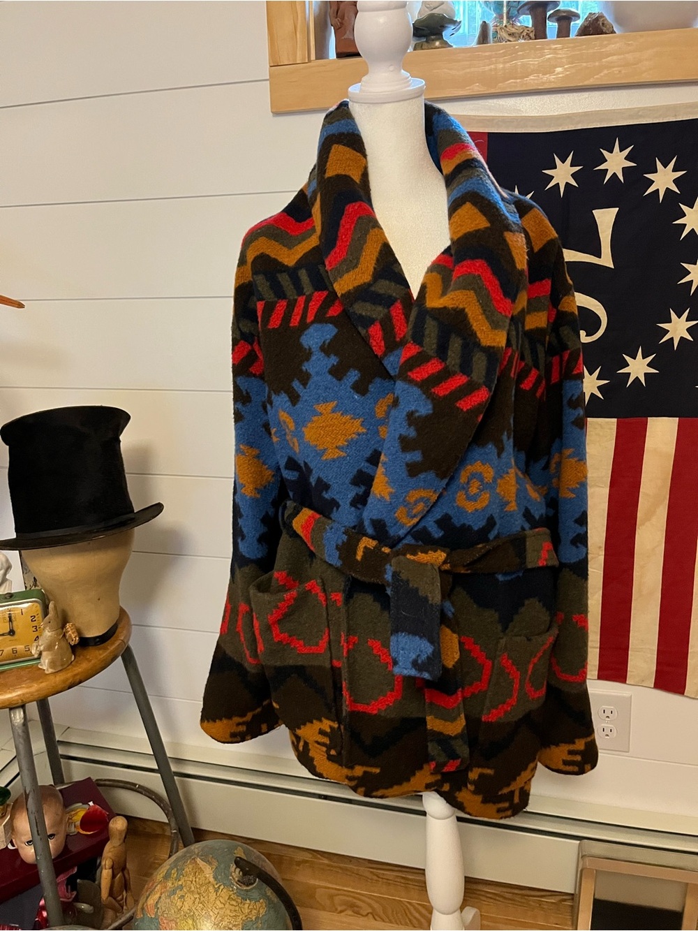 Vintage Rafaella Wool Blend Aztec Southwest Belted Coat Jacket Medium Multicolor